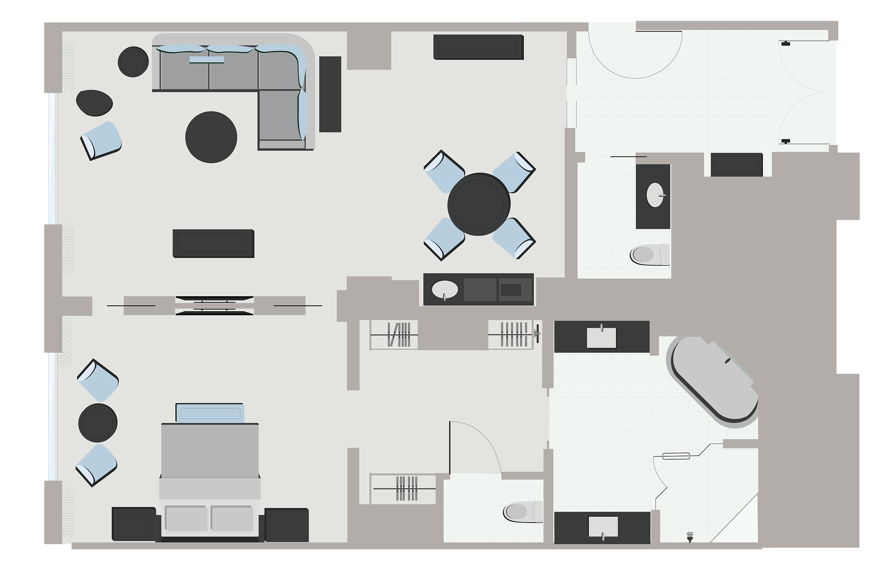 A floor plan graphic of a hotel room with a living room and bedroom.