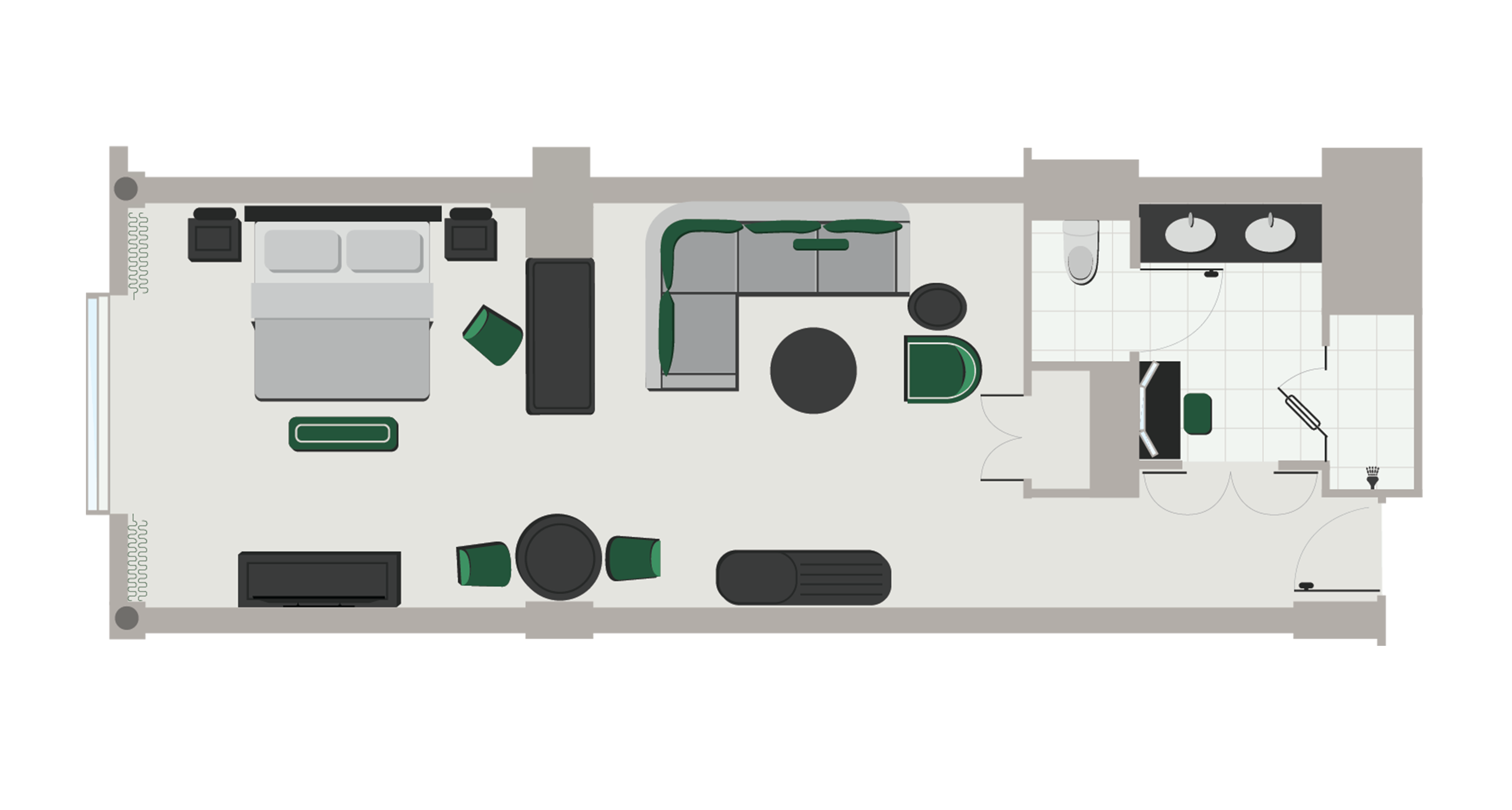Floorplan of New Luxury Loft King Suite with a bedroom, living area, and bathroom.