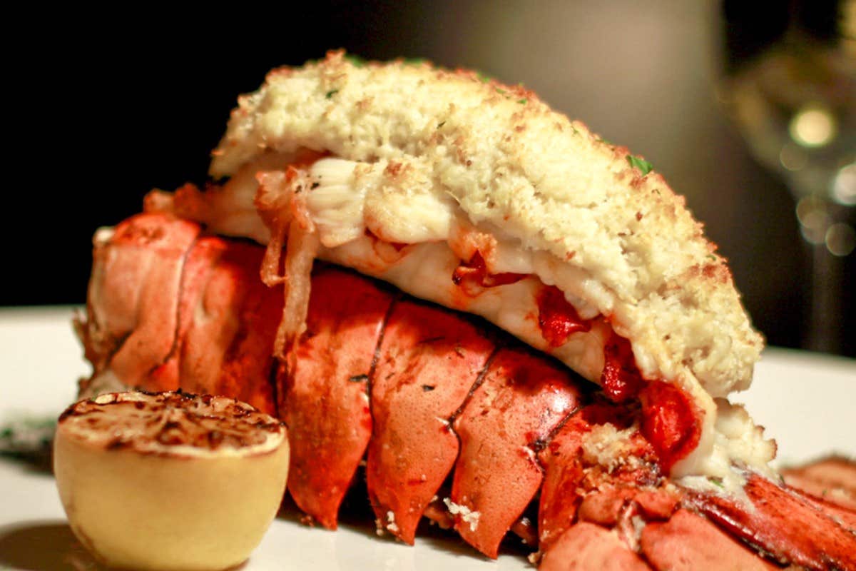 Grilled lobster tail topped with a garlic butter crust, accompanied by a roasted lemon half on a white plate.