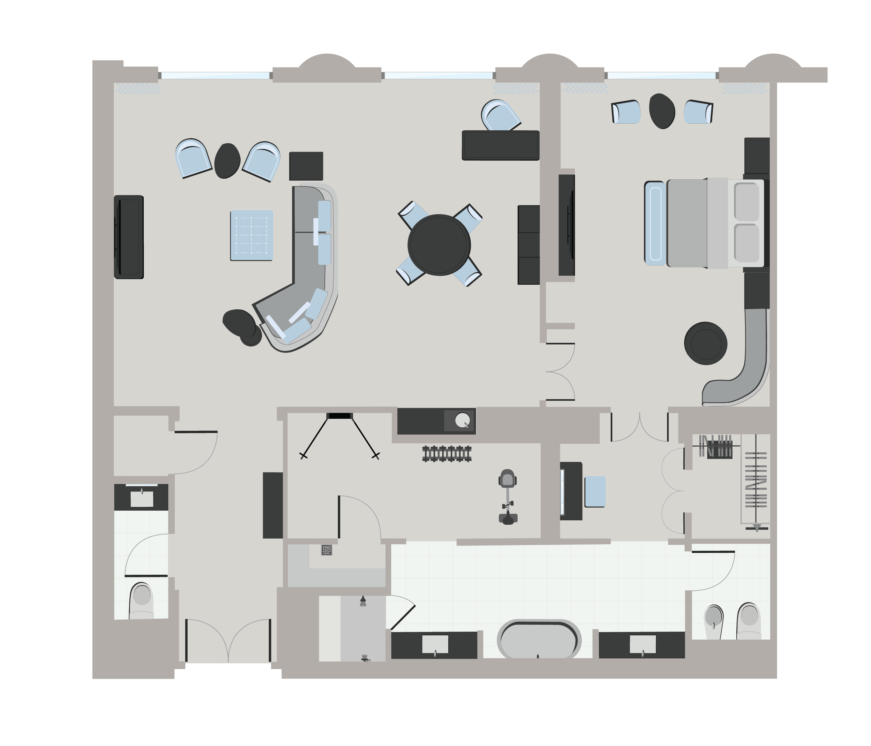 A floor plan graphic of a hotel room with a living room, one bedroom, and a closet, bathroom, and workout room attached to the bedroom.