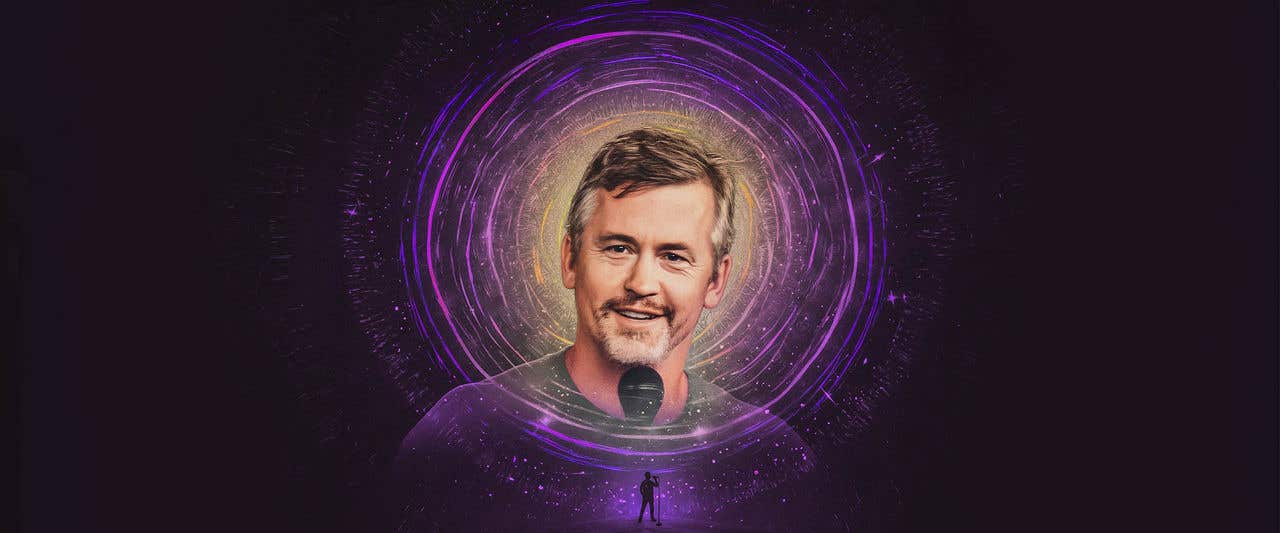 Matt McCusker smiling with a microphone in front of him with purple swirls around his image and a silhouette of a guy holding a microphone below the main image.  