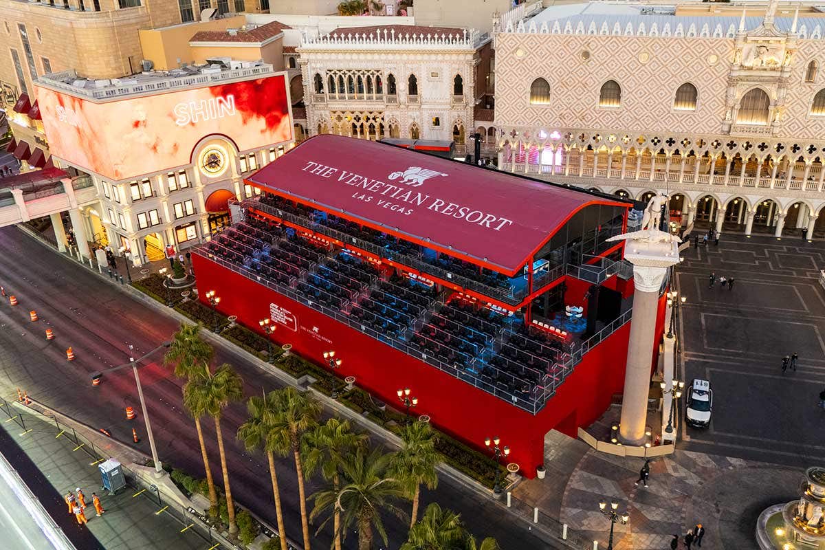 Aerial shot of a red trackside viewing platform at The Venetian Resort Las Vegas