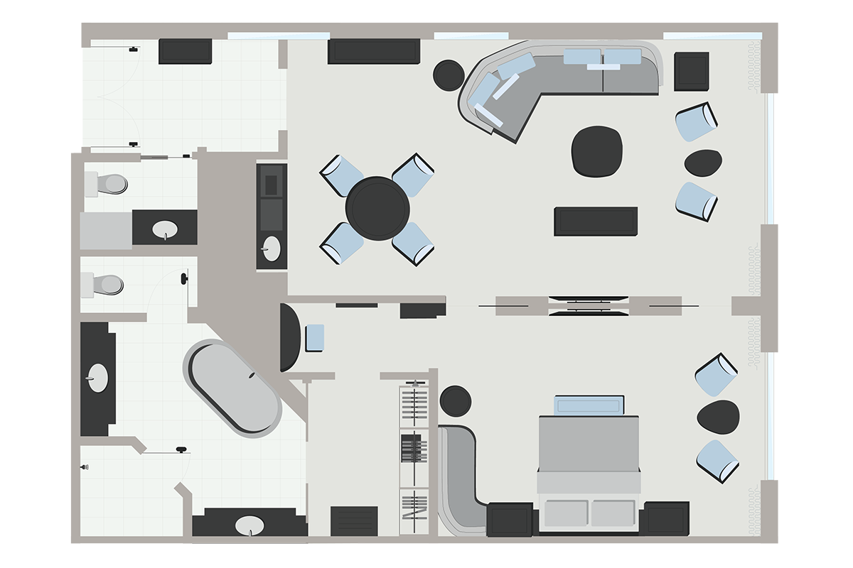 Floorplan graphic. Double door entry at the top left leads into a living room with a 4-seater table, couch, bench, and two armchairs. Below is a separate bedroom with a king bed, two armchairs, couch, and walk-in closet leading to a bathroom with two separate sink vanities, a bathtub, water closet, and shower.