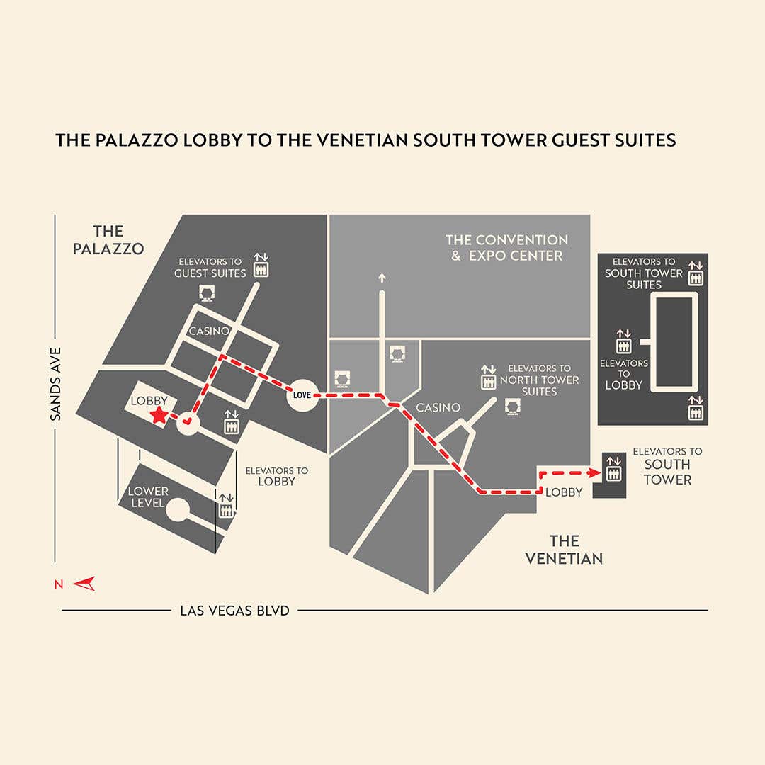 Map of The Venetian Resort with a red line going from The Palazzo Lobby on the left to The Venetian South Tower elevators on the right.
