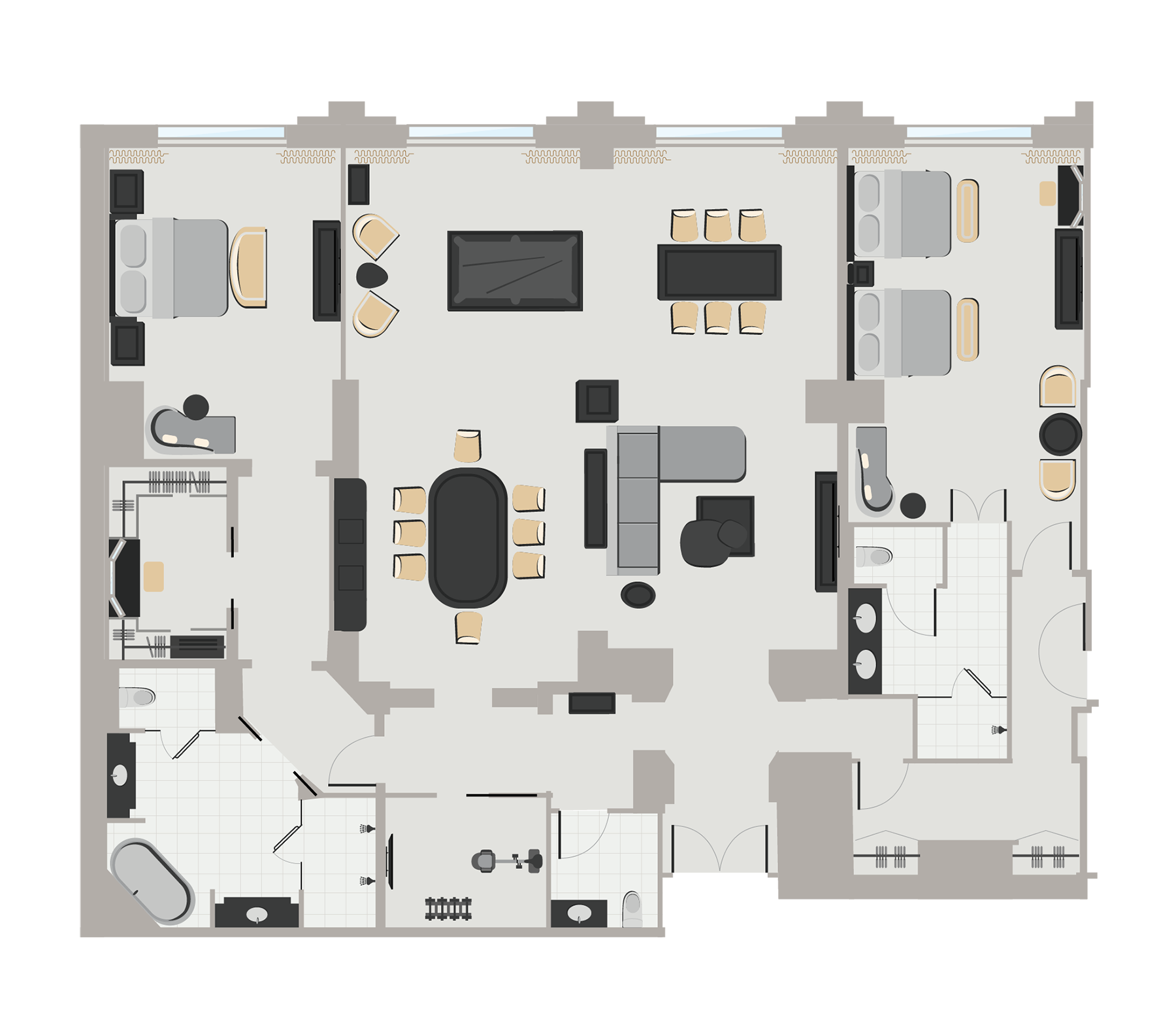 Floor plan graphic of a hotel room with two bedrooms, a living room, and a workout room.