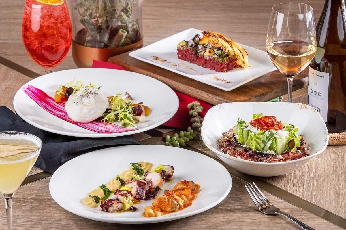 A table set with various gourmet dishes, cocktails, wine glasses, and a potted plant centerpiece.