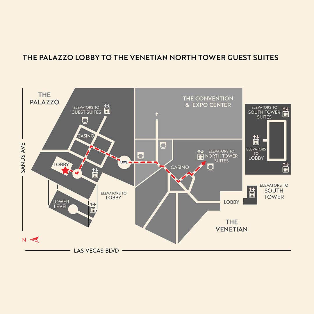 A map showing a red dashed lines to illustrate how to access the elevators to suites from a lobby