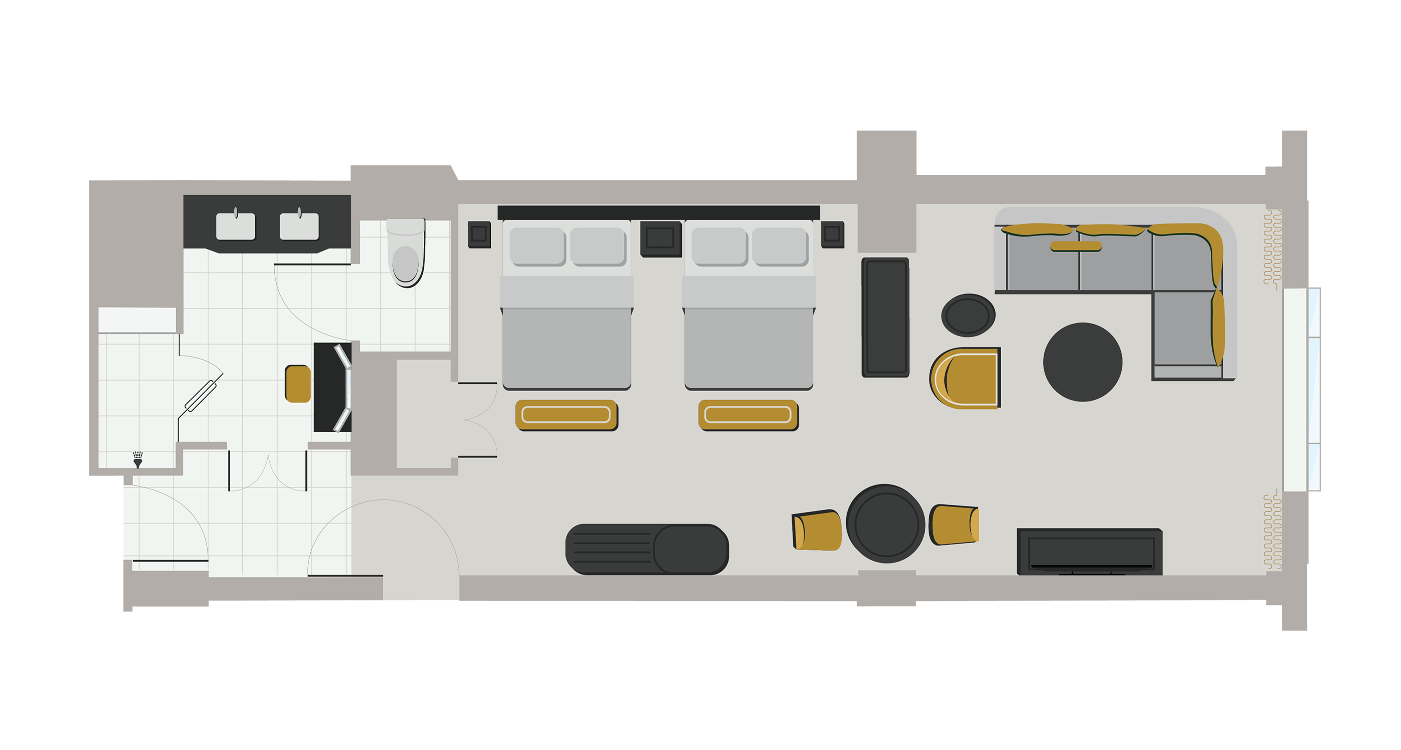 Floorplan of New Luxury Loft Two Queen Suite with a bedroom, living area, and bathroom.