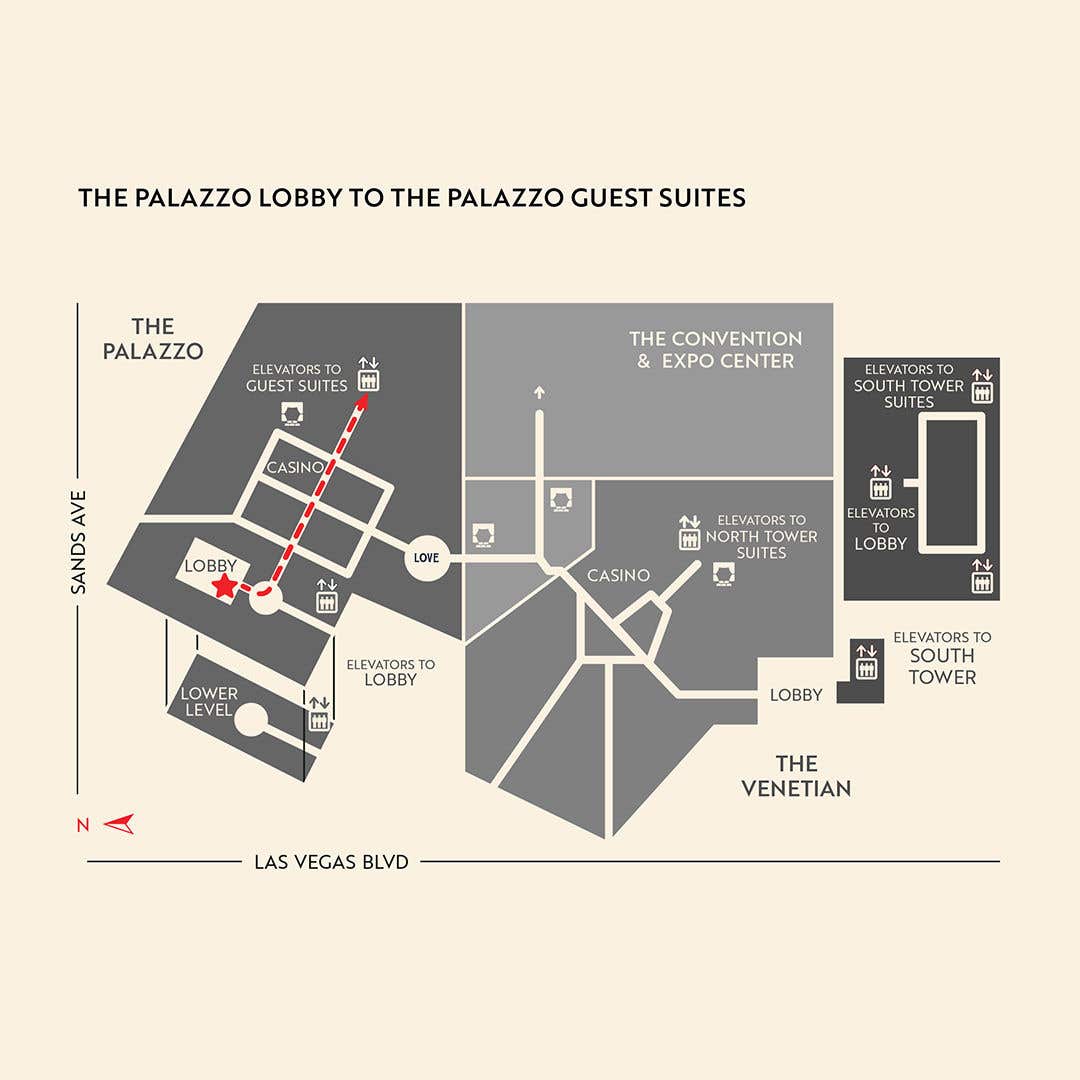 A map showing a red dashed lines to illustrate how to access the elevators to suites from a lobby