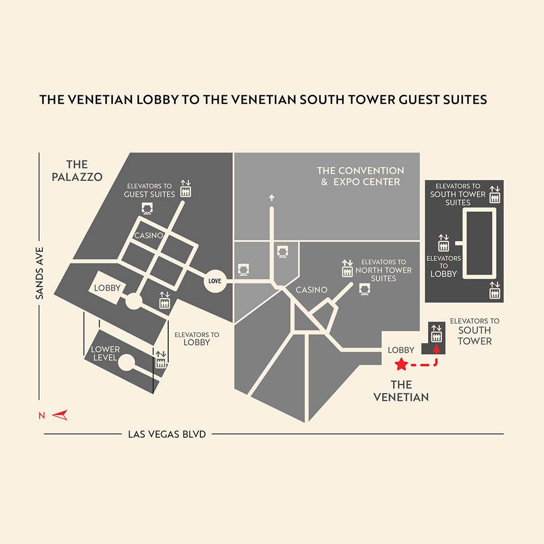 Map of The Venetian Resort with a red line going from The Venetian lobby in the lower right to The Venetian South Tower elevators to the right of the lobby.